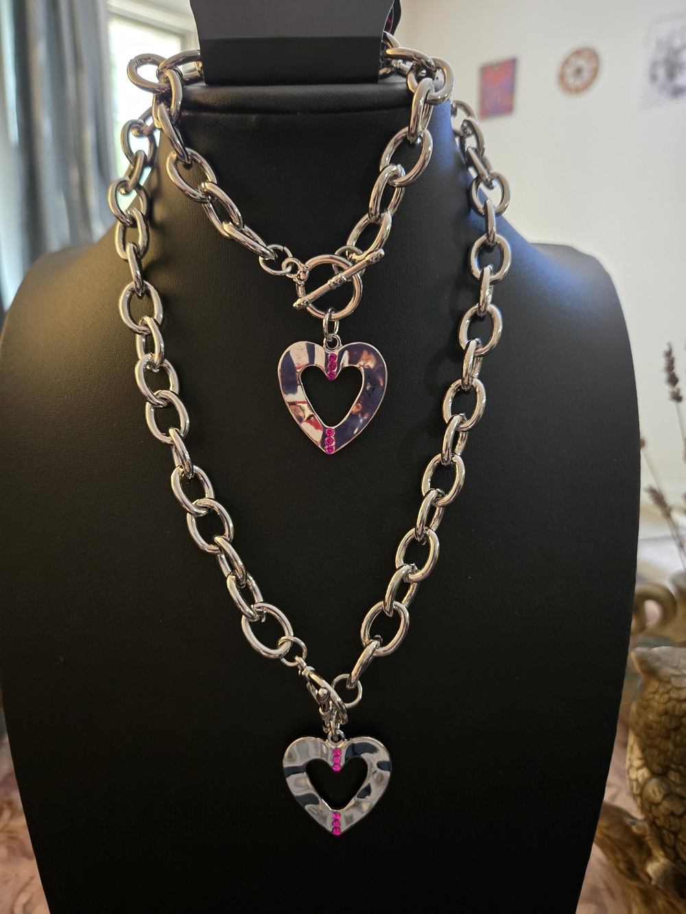 Silver Heart Pendant Chain Necklace with Pink Accents - And Matching Bracelet